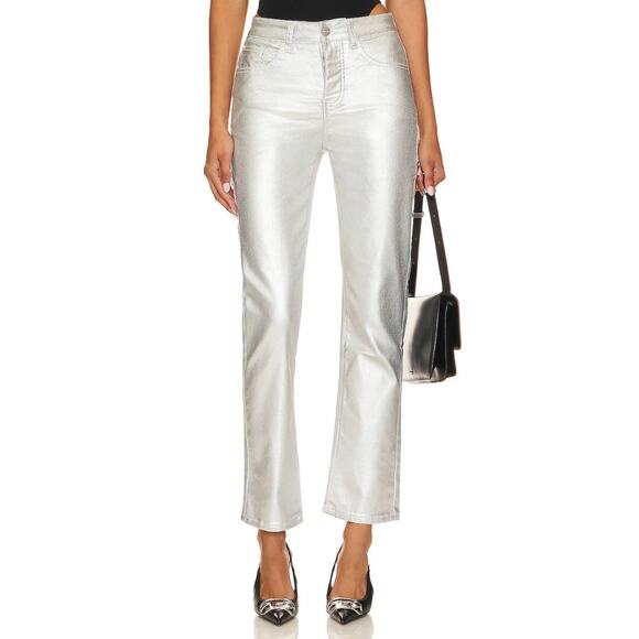 Superdown Regina Metallic Jean Silver Straight Leg Jeans Revolve Size 32 NEW - Picture 1 of 9